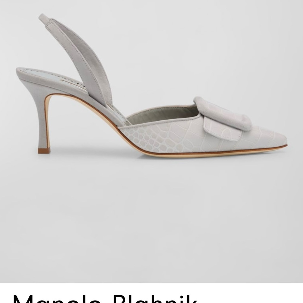 Manolo Blahnik Gray Croc-Patterned Slingback Heels